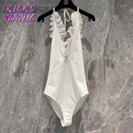 Chanel White Falbala One-Piece Swimsuit