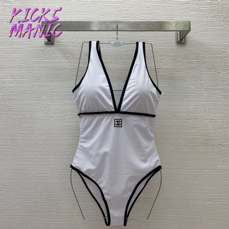 Chanel White V-Neck One-Piece Swimsuit