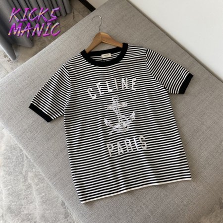 Celine Anchor Striped Jersey 70s Style T-Shirt Fluorescent White/Black