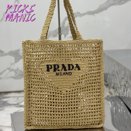 Prada Logo-Print Raffia Tote