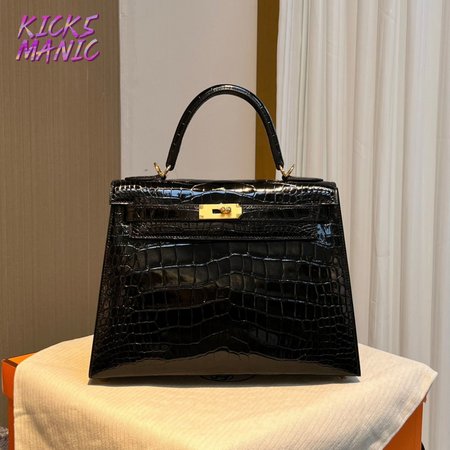 Hermes Kelly 25 HSS Sellier Black Shiny Alligator Brushed Gold Hardware