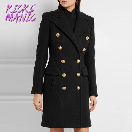 Balmain Black Double Breasted Gold Button Wool Coat