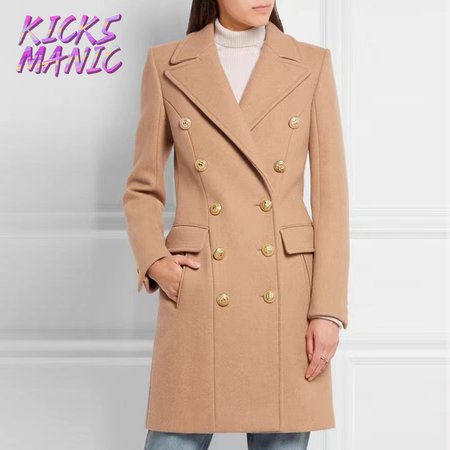 Balmain Black Double Breasted Gold Button Wool Coat