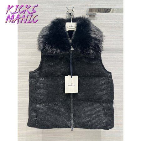 Moncler Carrelet Fur-Collar Tweed Vest Black Women's