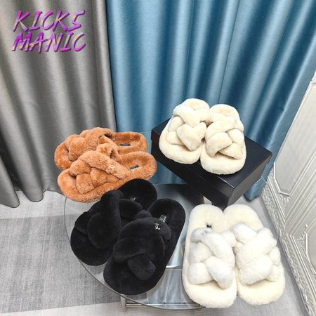 Chanel Women's Cross Band Slippers Fuzzy Slippers