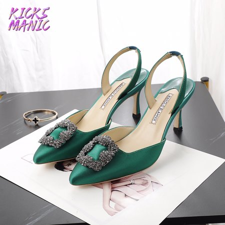 Manolo Blahnik Green Satin Jewel Buckle Slingback Pumps 35-42